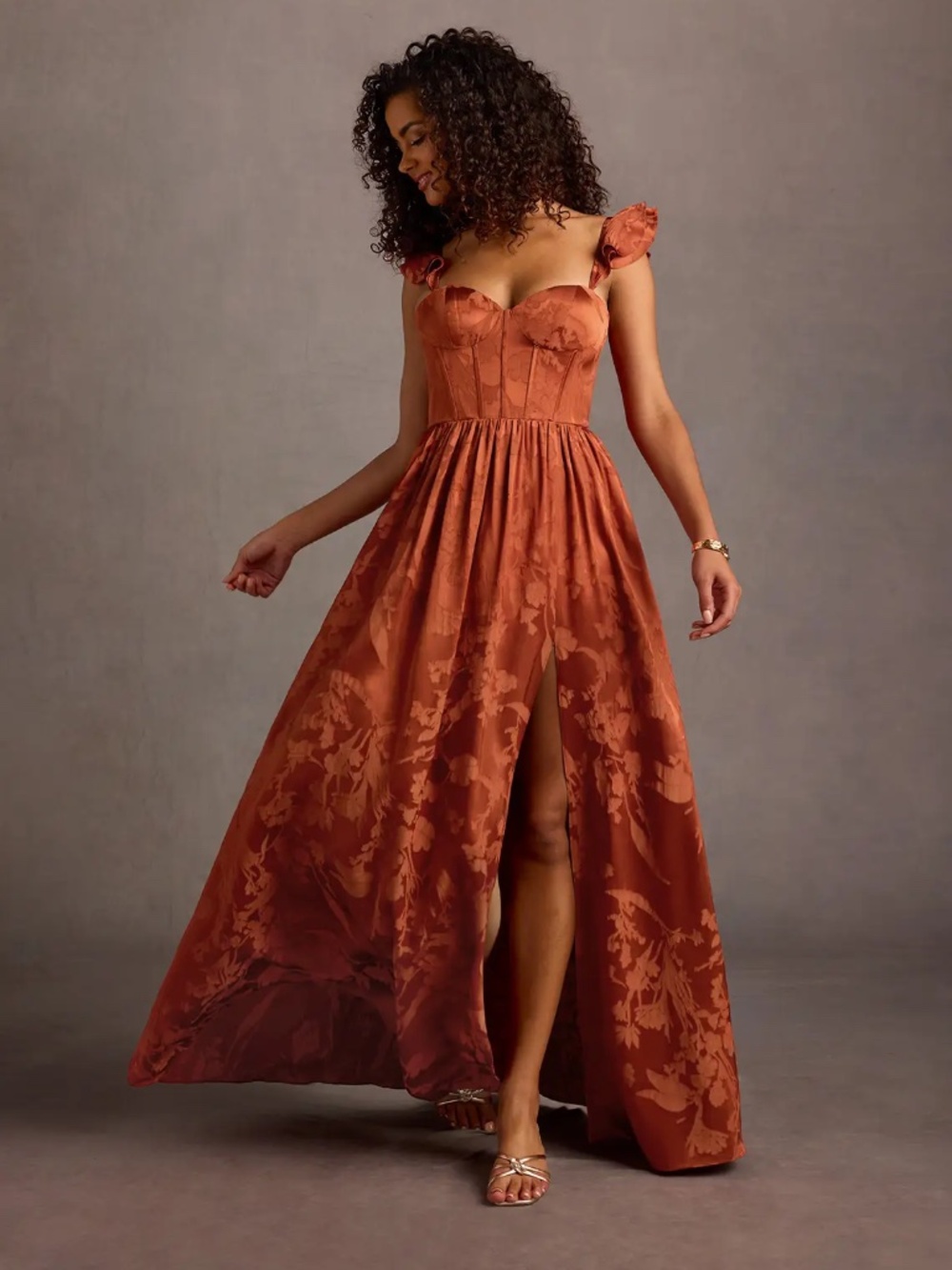 Azazie Atelier Jianna Rust Flutter Sleeves Maxi Dress - Autumn/Rust - Size 4
